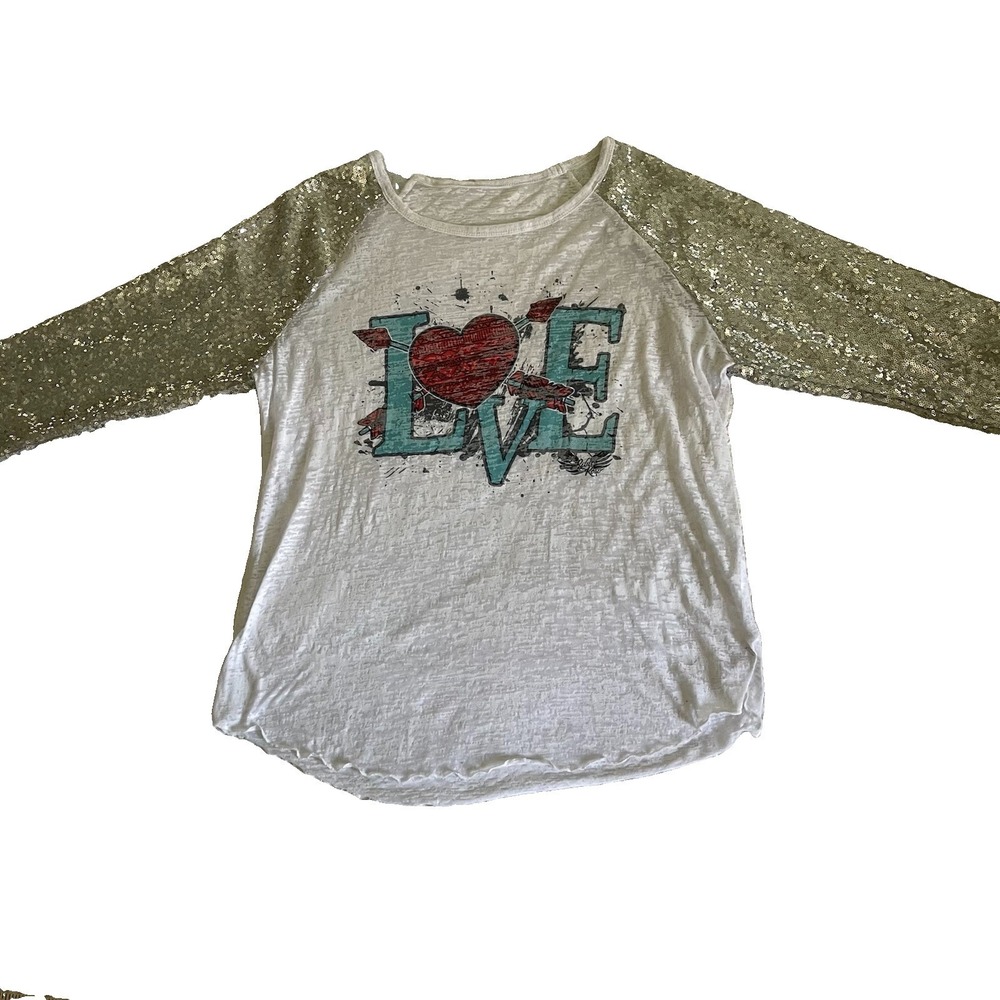 Womens XL Tee Sequin Sleeve Raglan Burnout Rodeo Festival Concert